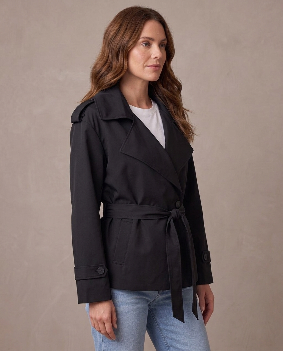Gabardina de solapa ancha con cinturón Emma, vista de tres cuartos - Negro