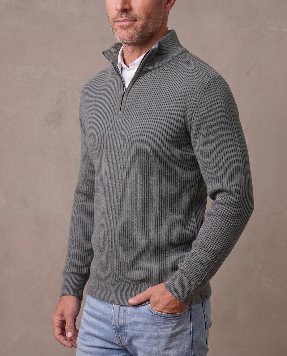 Jersey de canalé con media cremallera Gonzalo, vista de tres cuartos - Gris