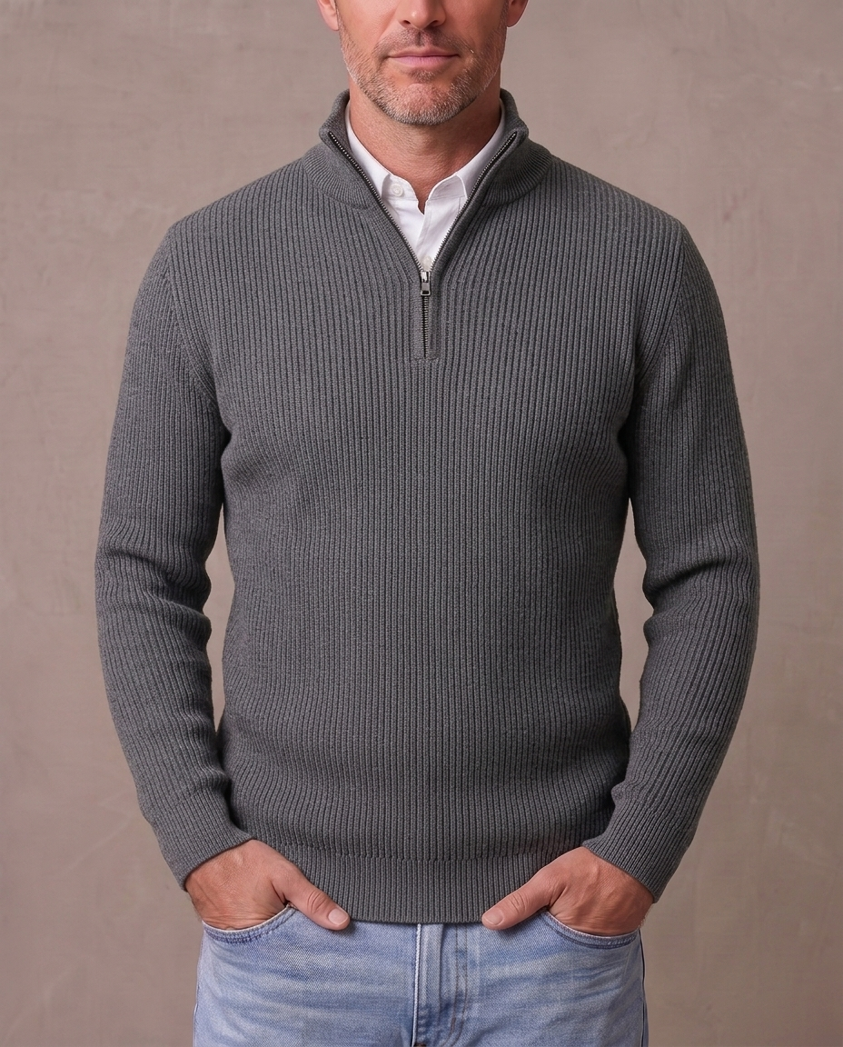 Jersey de canalé con media cremallera Gonzalo - Gris