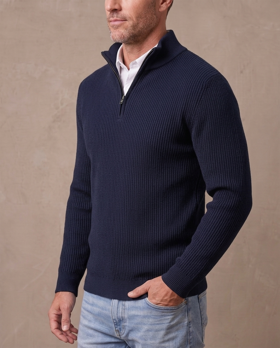 Jersey de canalé con media cremallera Gonzalo, vista de tres cuartos - Azul marino