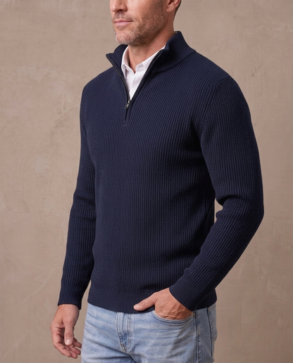 Jersey de canalé con media cremallera Gonzalo, vista de tres cuartos - Azul marino