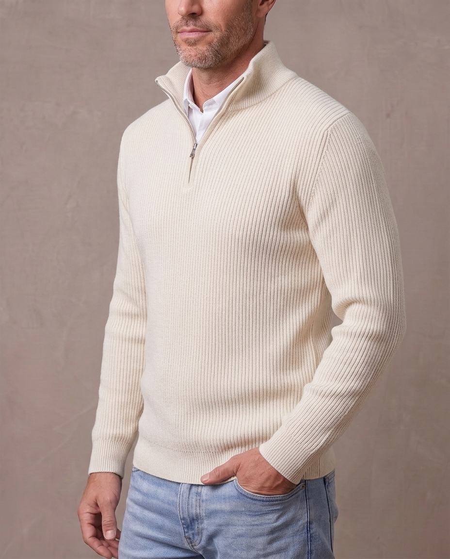 Jersey de canalé con media cremallera Gonzalo, vista de tres cuartos - Crudo