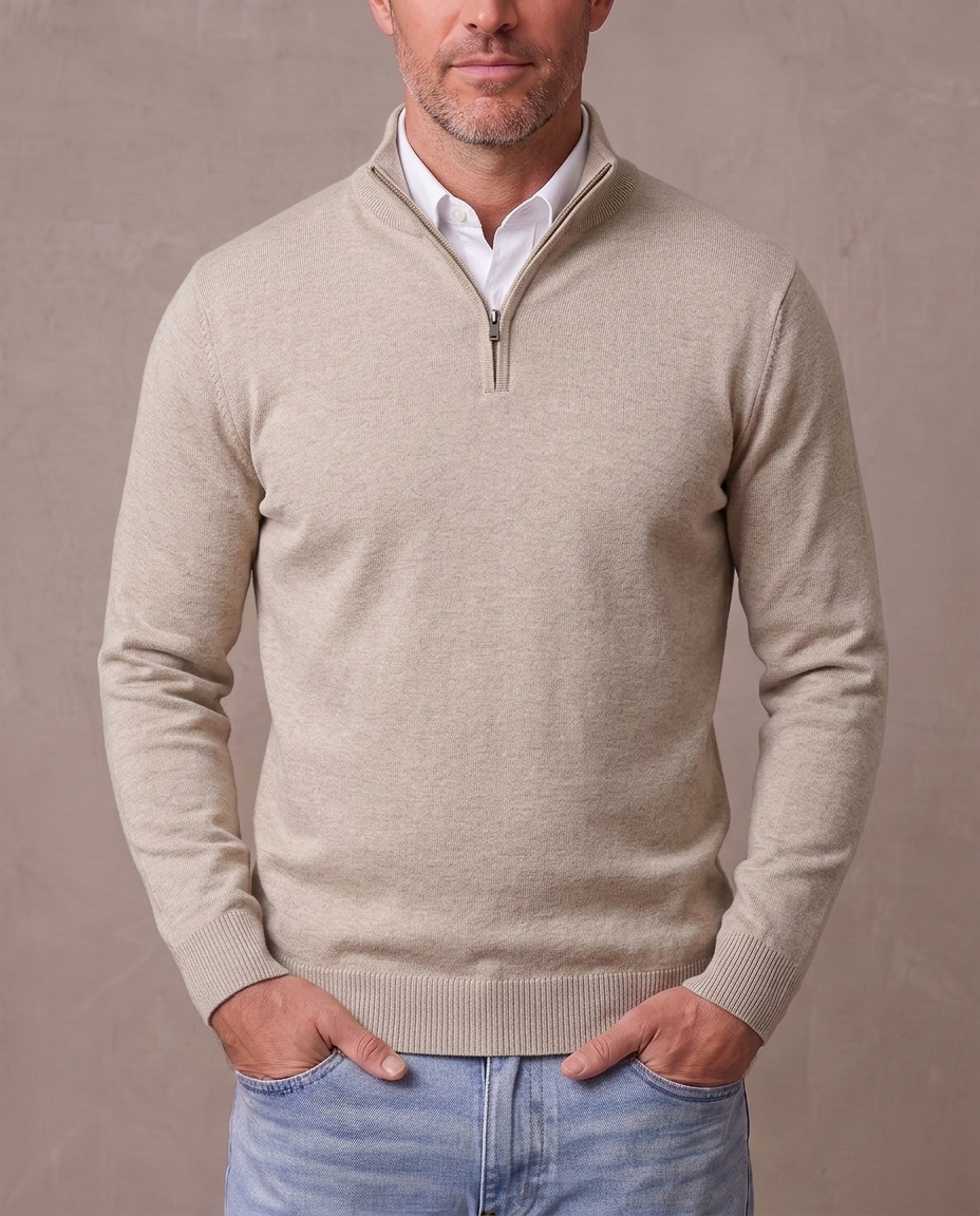 Jersey de punto fino con media cremallera Marcos - Beige