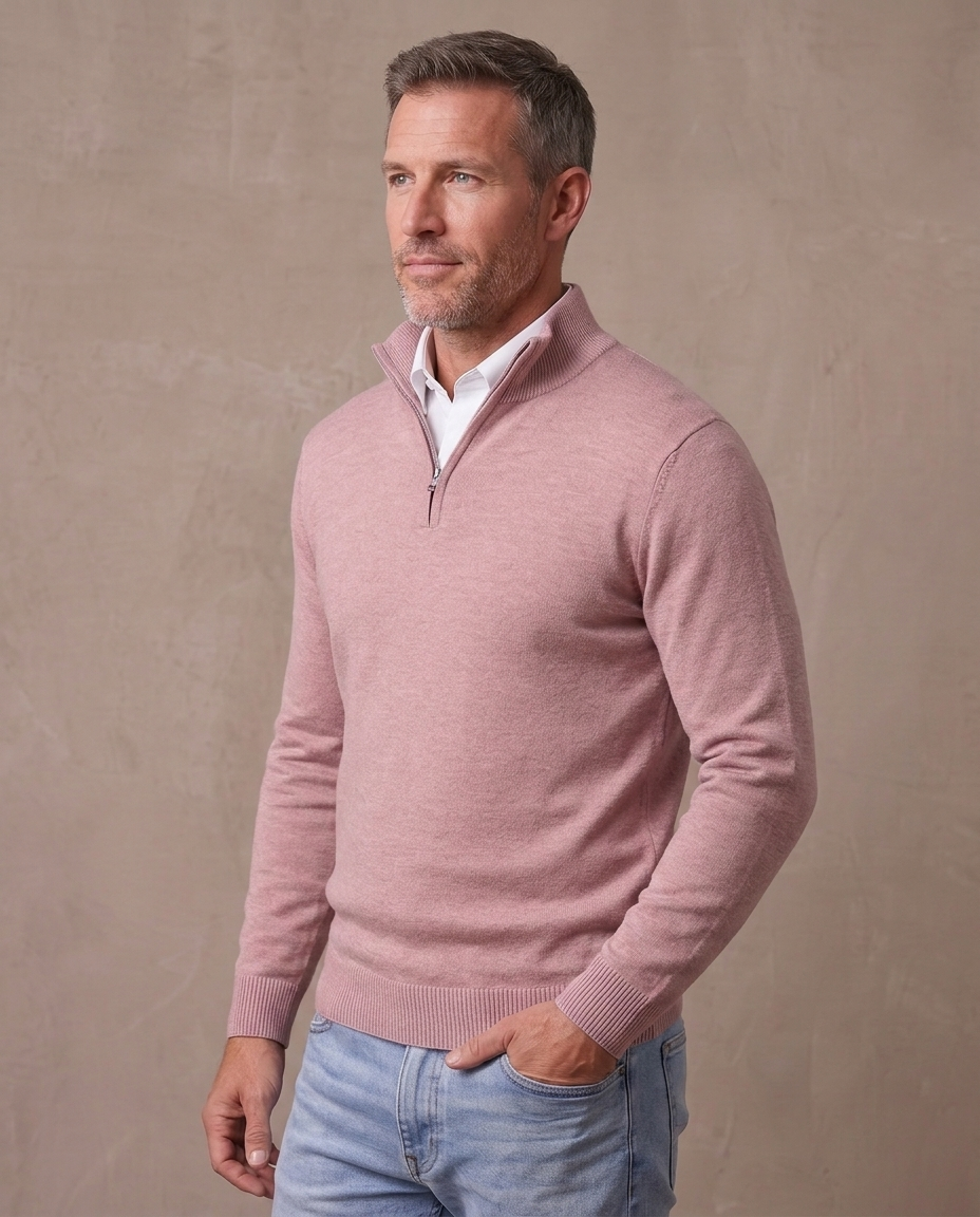 Jersey de punto fino con media cremallera Marcos, vista de tres cuartos - Rosa palo