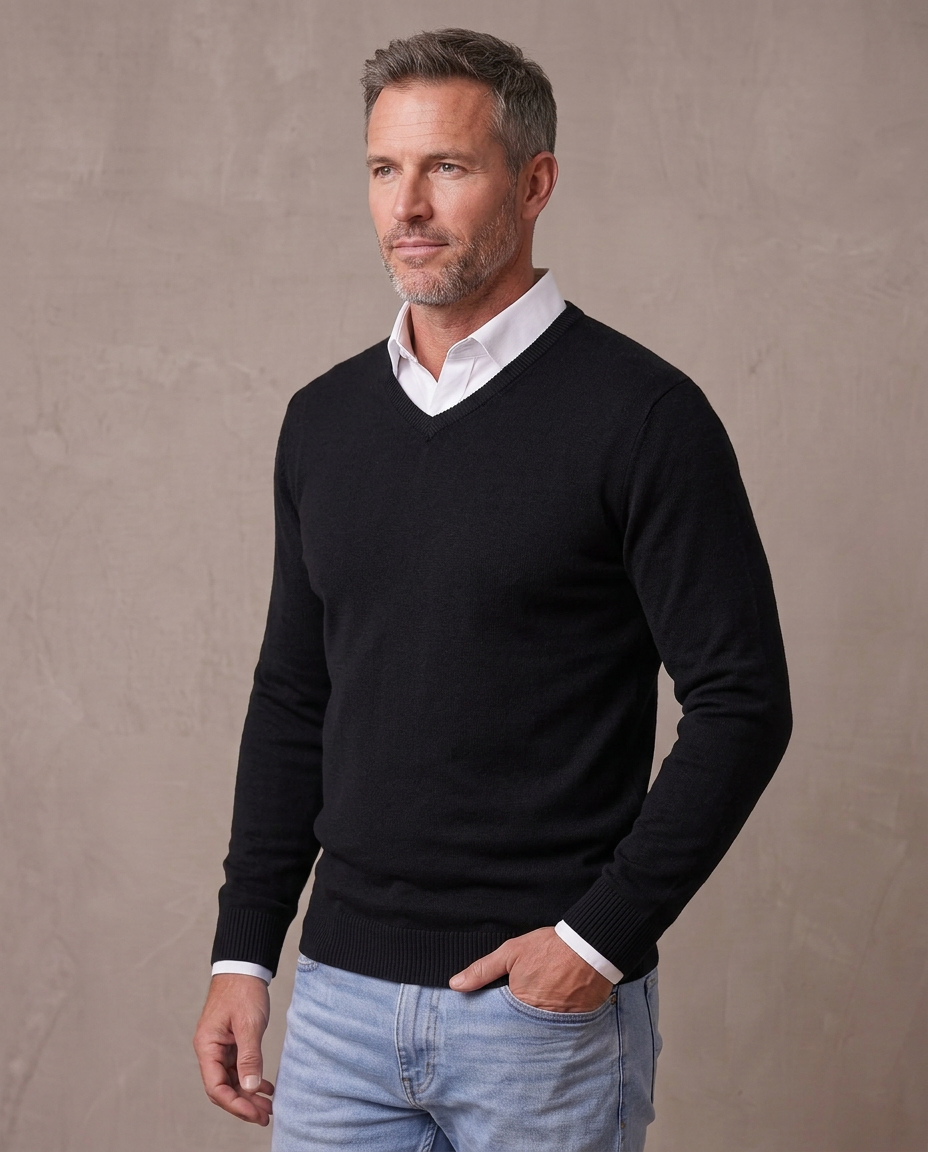 Jersey de cuello de pico Andrés, vista de tres cuartos - Negro