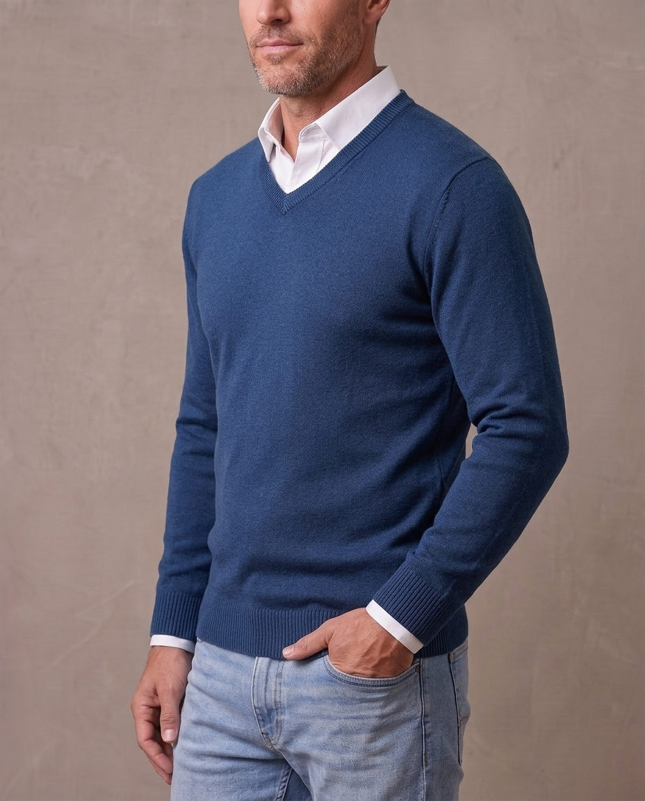 Jersey de cuello de pico Andrés, vista de tres cuartos - Azul