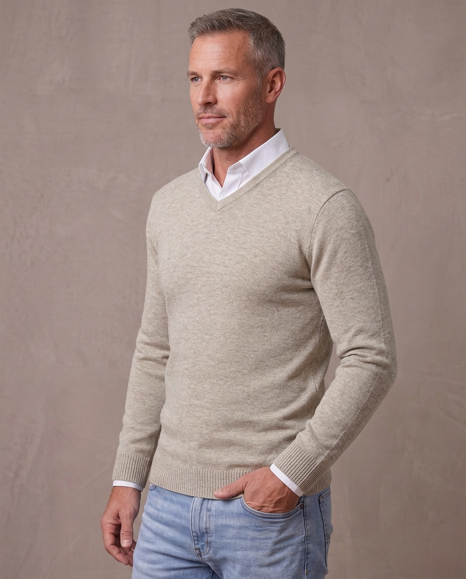 Jersey de cuello de pico Andrés, vista de tres cuartos - Beige