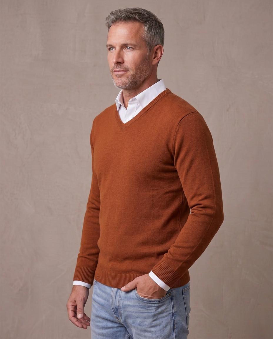 Jersey de cuello de pico Andrés, vista de tres cuartos - Teja