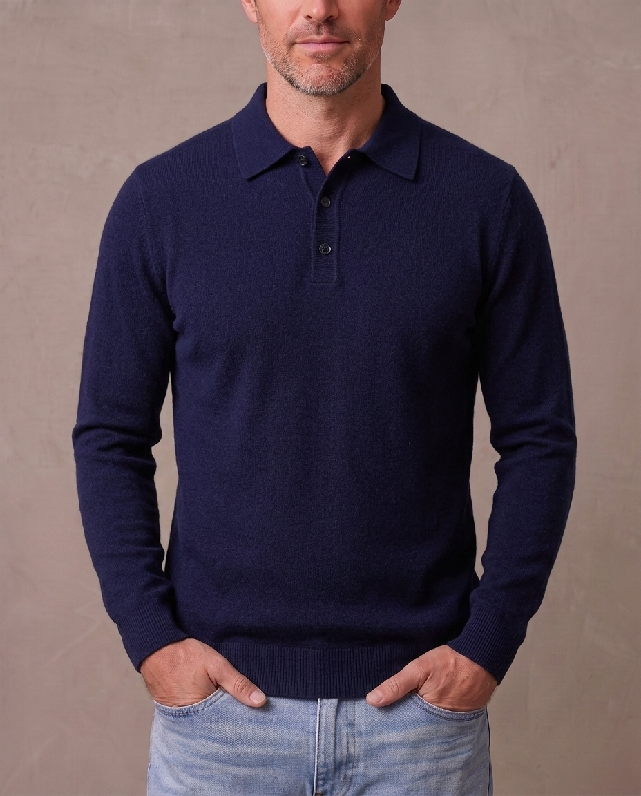 Polo de punto de manga larga Rafael - Azul marino