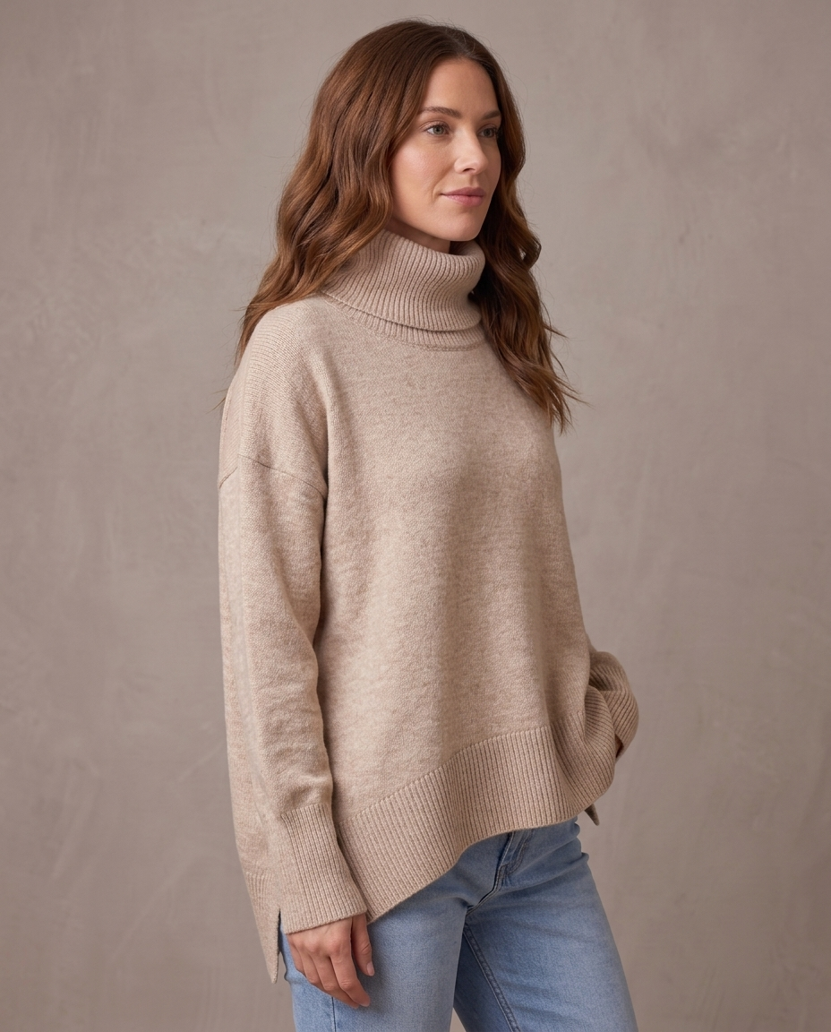 Jersey largo de cuello alto Rocío, vista de tres cuartos - Beige