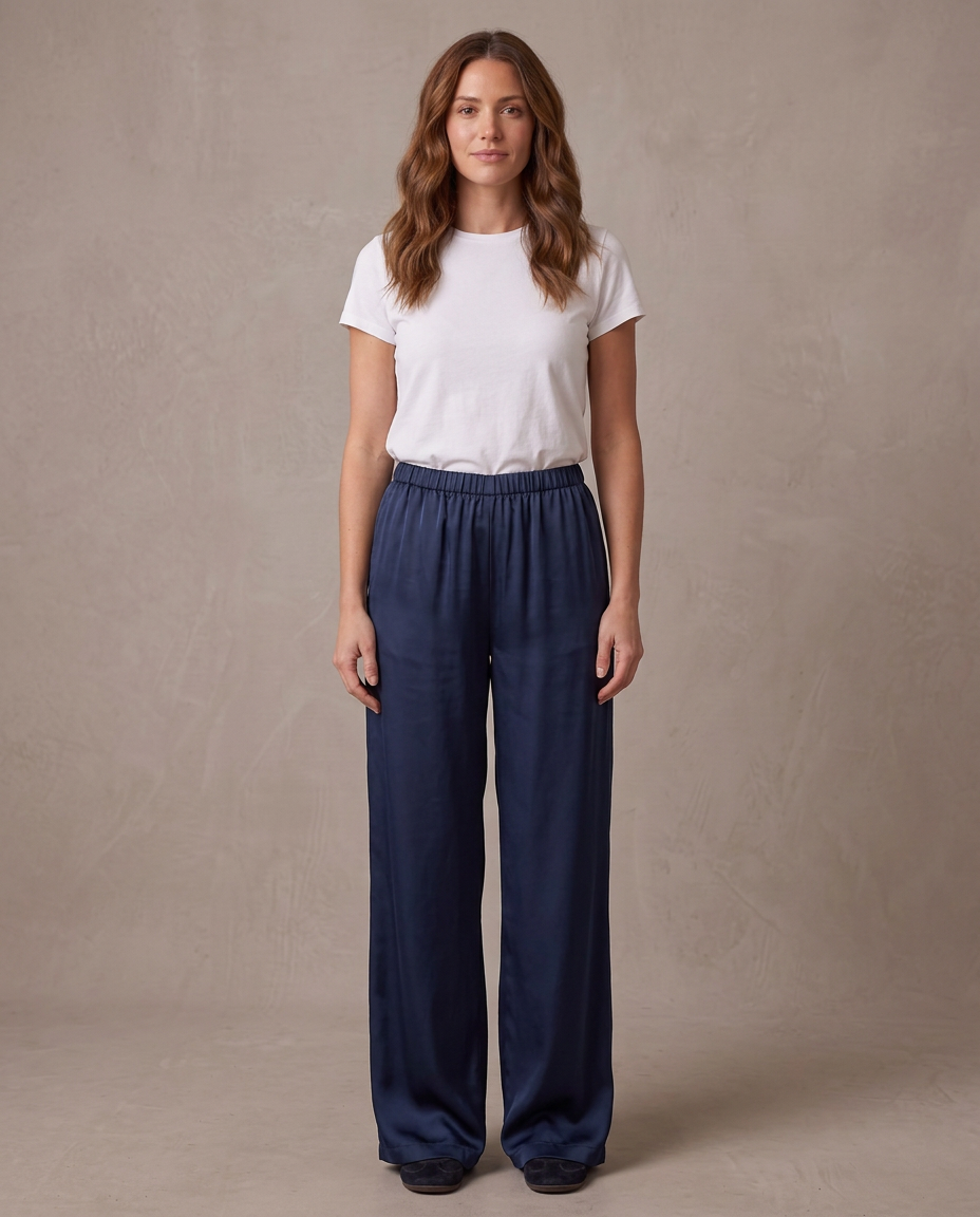 Pantalón ancho satinado de cintura elástica Begoña - Azul marino