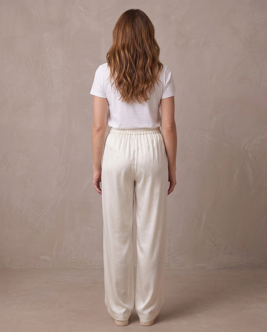 Pantalón ancho satinado de cintura elástica Begoña, otra vista - Crudo