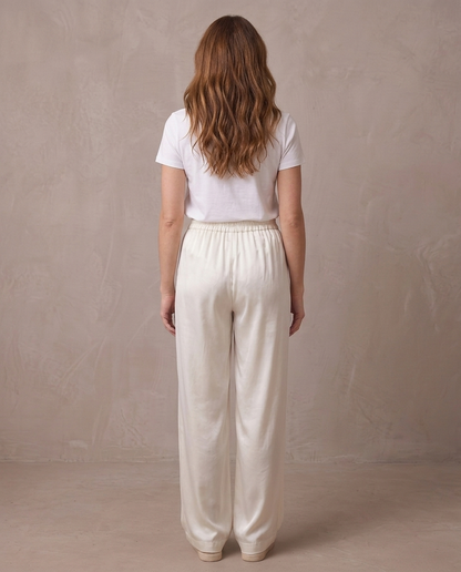 Pantalón ancho satinado de cintura elástica Begoña, otra vista - Crudo