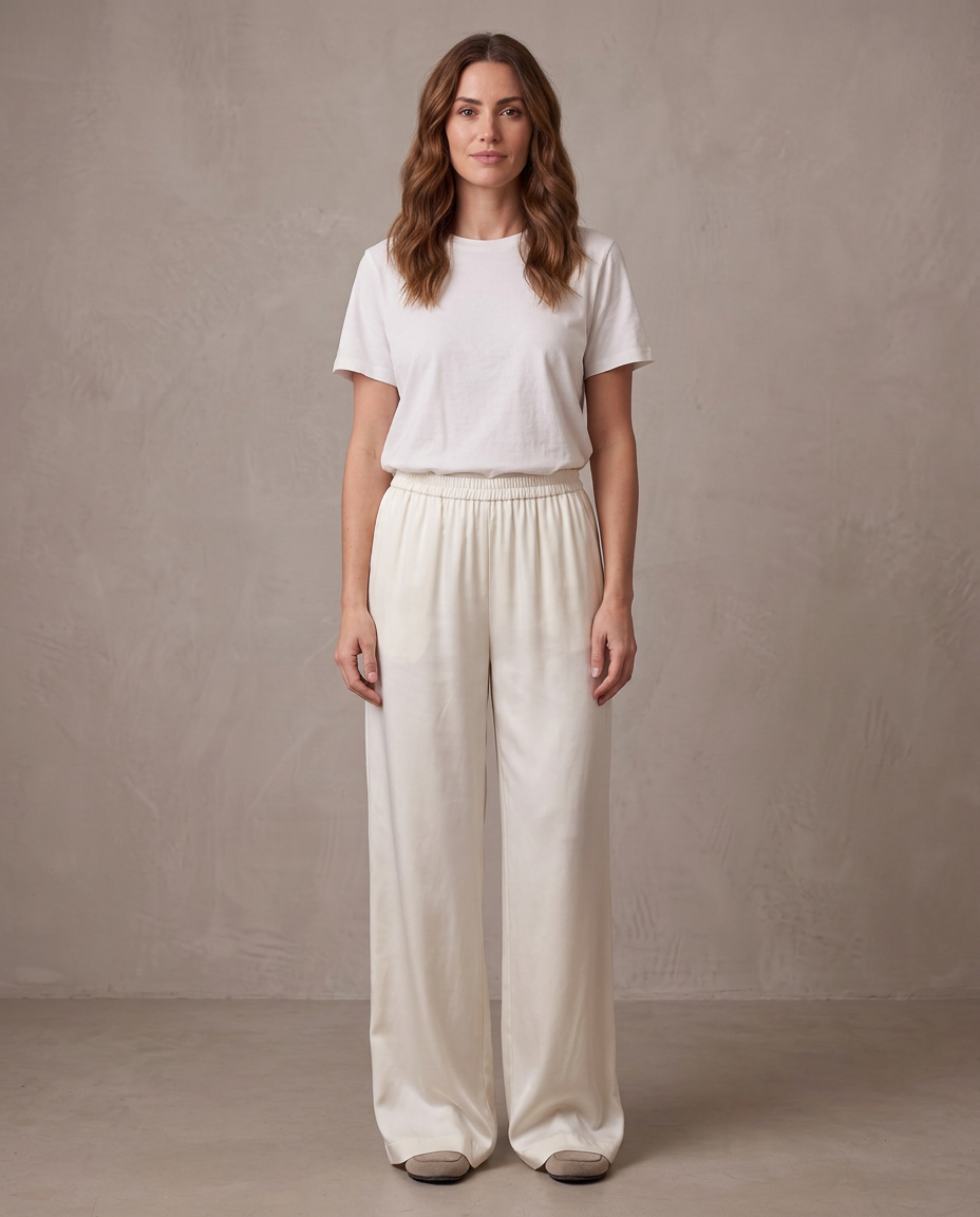 Pantalón ancho satinado de cintura elástica Begoña - Crudo