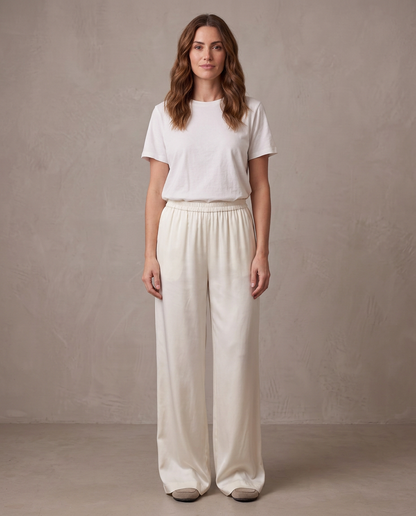 Pantalón ancho satinado de cintura elástica Begoña - Crudo