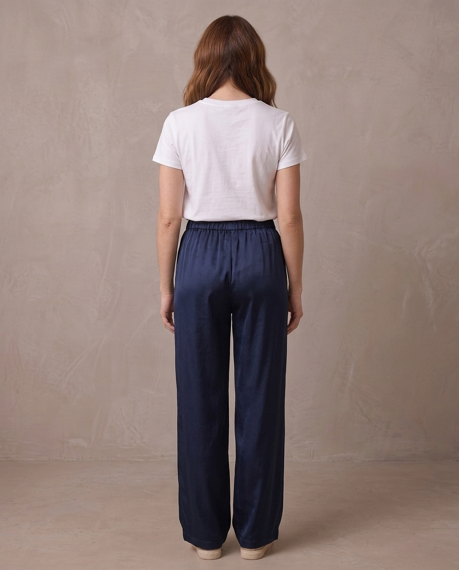 Pantalón ancho satinado de cintura elástica Begoña, otra vista - Azul marino