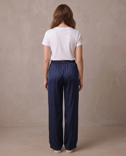 Pantalón ancho satinado de cintura elástica Begoña, otra vista - Azul marino