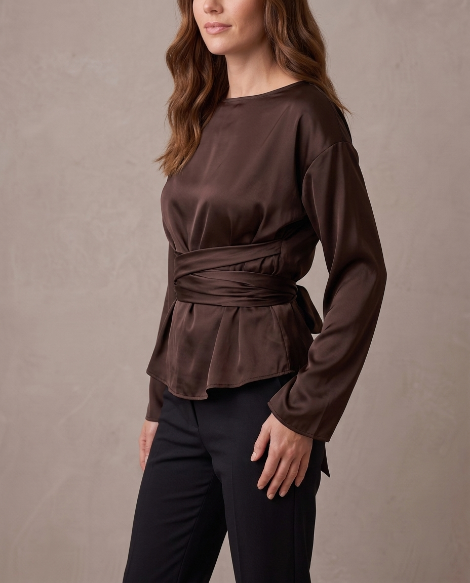 Blusa satinada con lazada Victoria, vista de tres cuartos - Chocolate