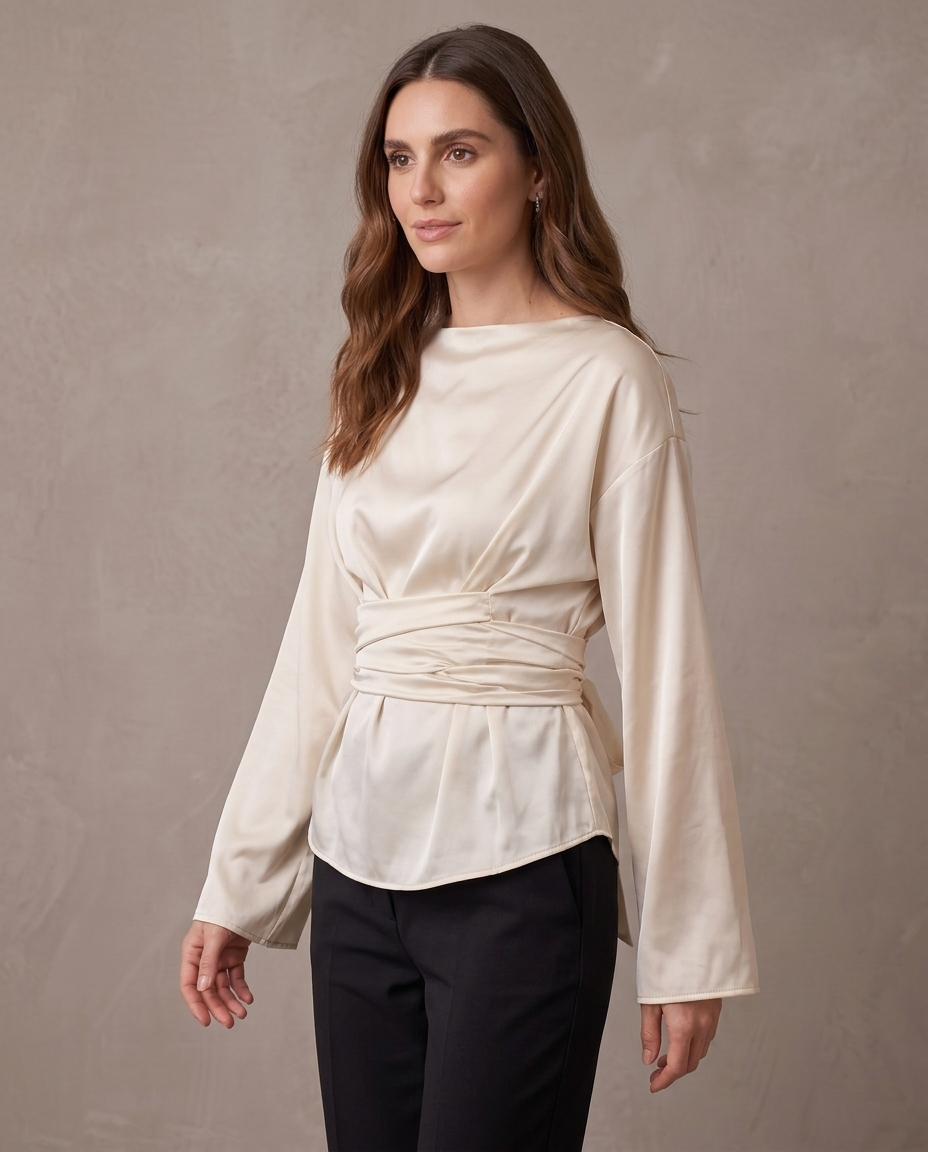 Blusa satinada con lazada Victoria, vista de tres cuartos - Champán