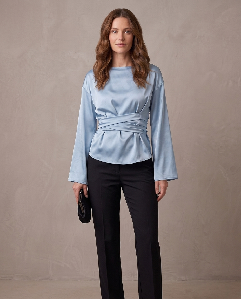 Blusa satinada con lazada Victoria - Azul cielo