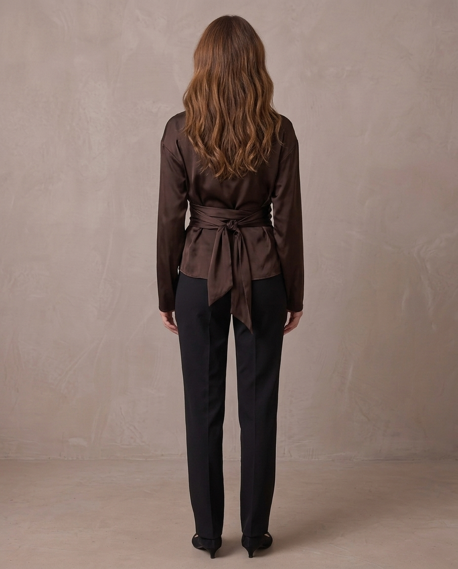Blusa satinada con lazada Victoria, otra vista - Chocolate