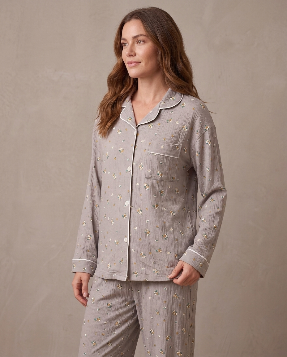 Pijama de punto suave Noelia, vista de tres cuartos - Gris flores