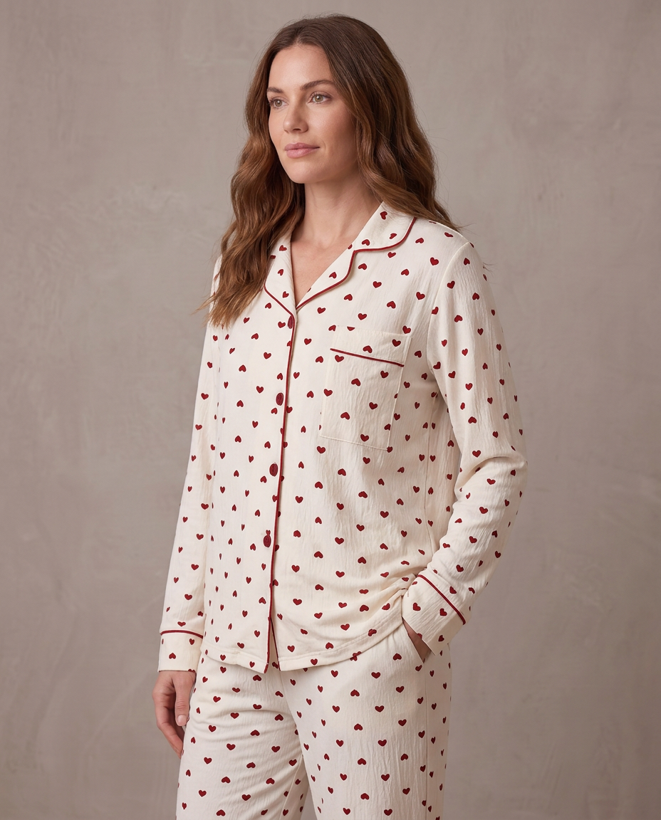 Pijama de punto suave Noelia, vista de tres cuartos - Corazones