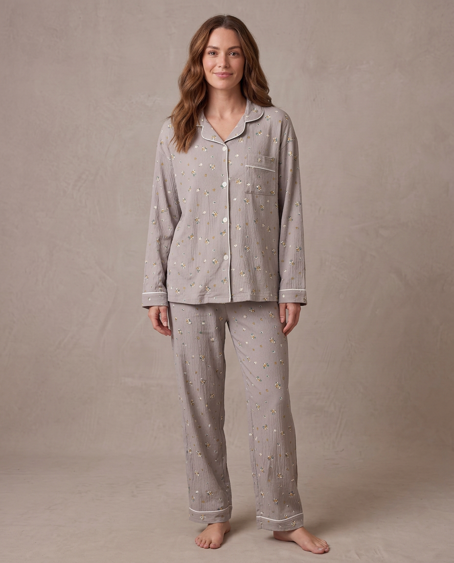 Pijama de punto suave Noelia - Gris flores