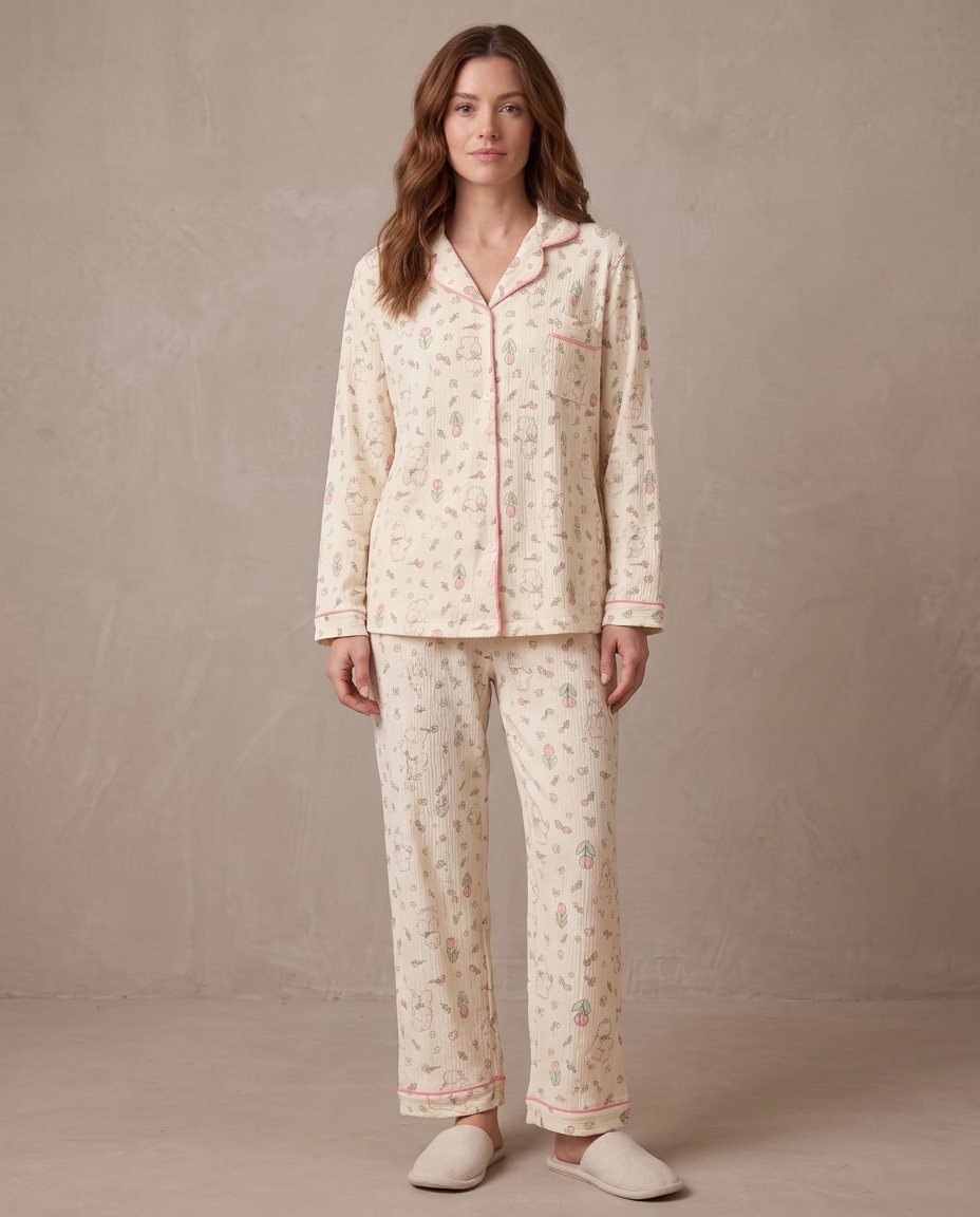 Pijama de punto suave Noelia - Crema flores