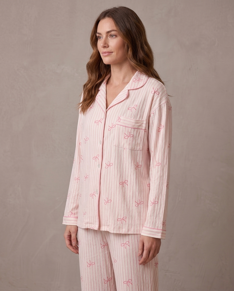 Pijama de punto suave Noelia, vista de tres cuartos - Rayas rosa