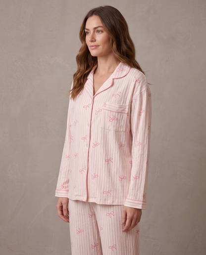 Pijama de punto suave Noelia, vista de tres cuartos - Rayas rosa