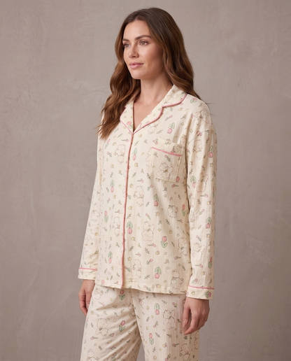 Pijama de punto suave Noelia, vista de tres cuartos - Crema flores