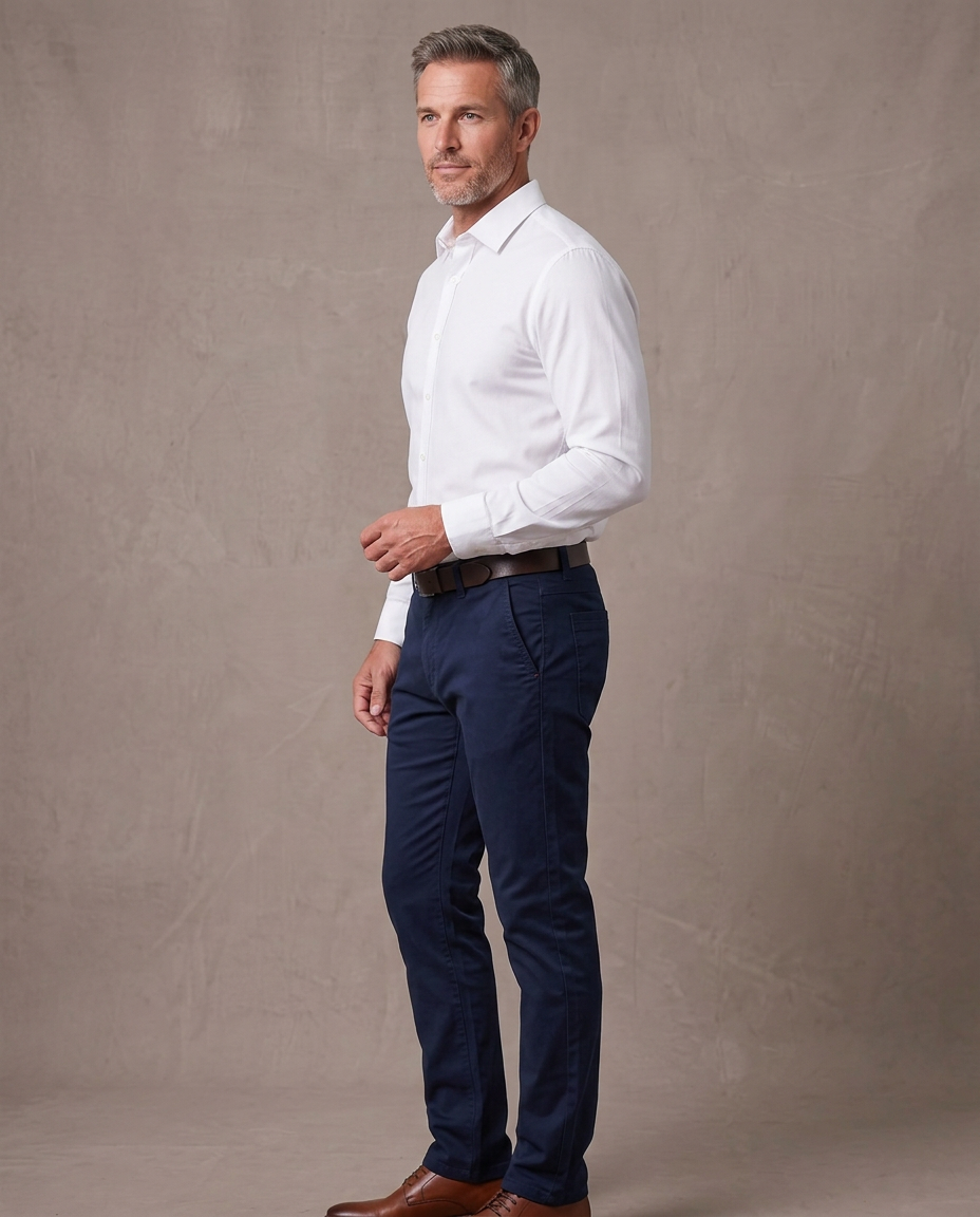 Pantalón chino elástico Pablo, vista de tres cuartos - Azul marino