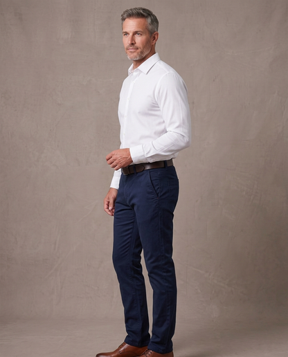 Pantalón chino elástico Pablo, vista de tres cuartos - Azul marino