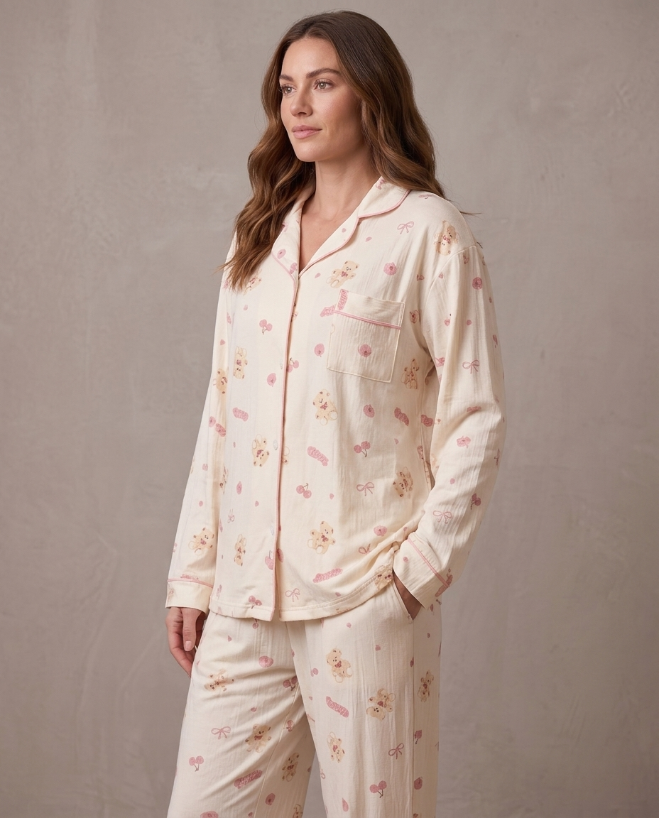 Pijama de punto suave Noelia, vista de tres cuartos - Crema estampado
