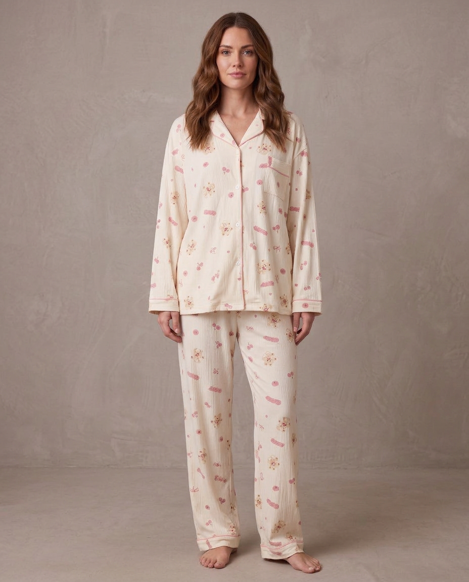 Pijama de punto suave Noelia - Crema estampado