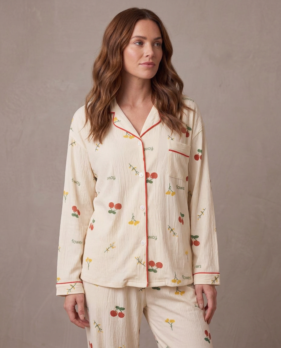 Pijama de punto suave Noelia, vista de tres cuartos - Cerezas