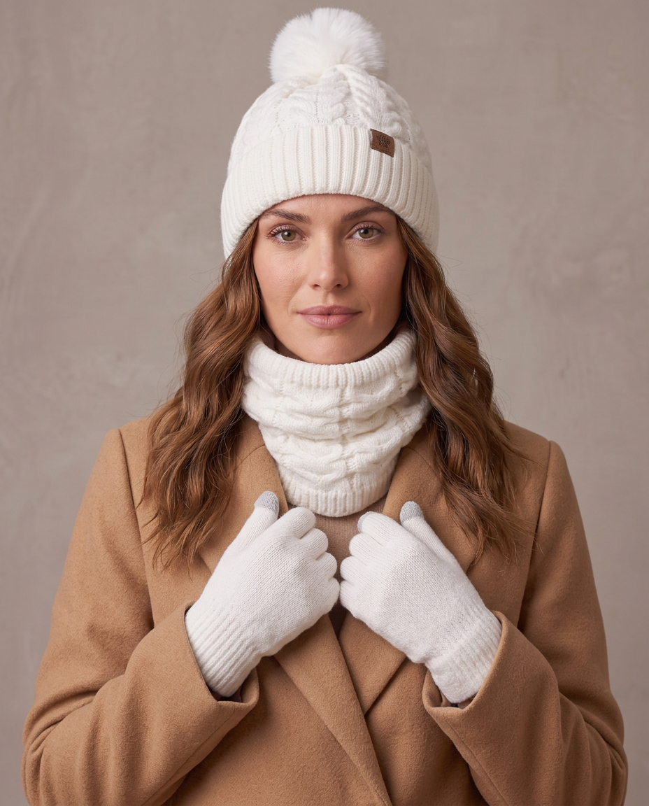 Set de invierno gorro, cuello y guantes Lía, detalle - Blanco