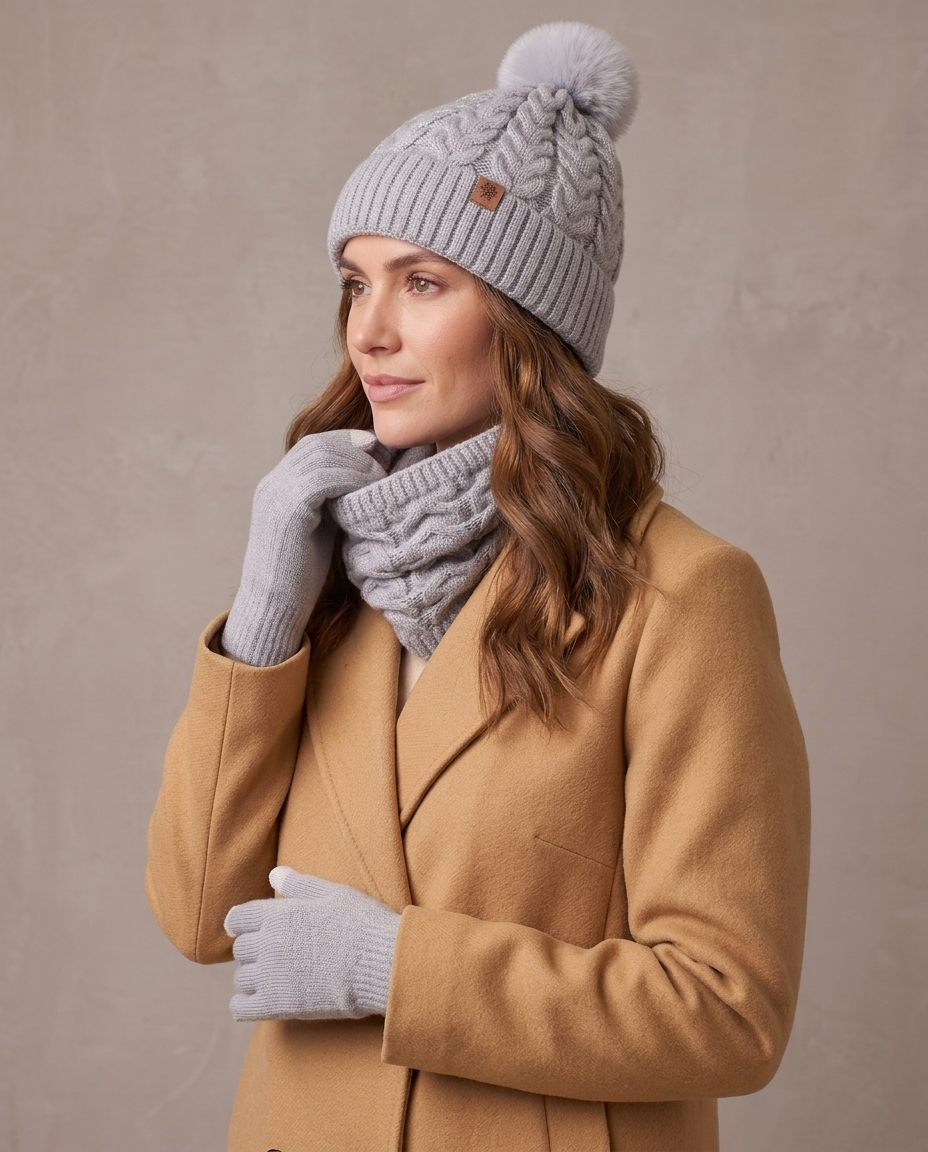Set de invierno gorro, cuello y guantes Lía, vista de tres cuartos - Gris