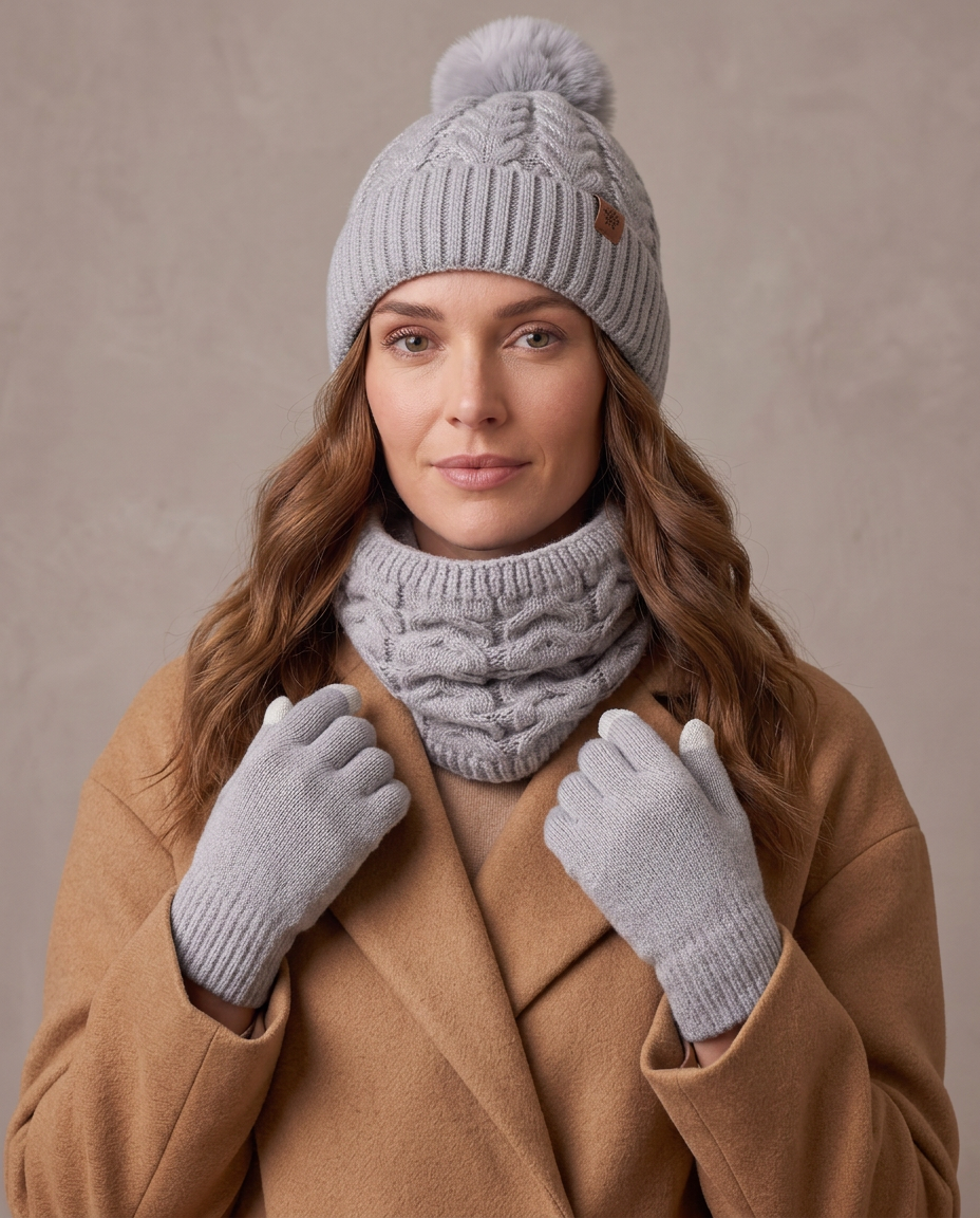 Set de invierno gorro, cuello y guantes Lía, detalle - Gris