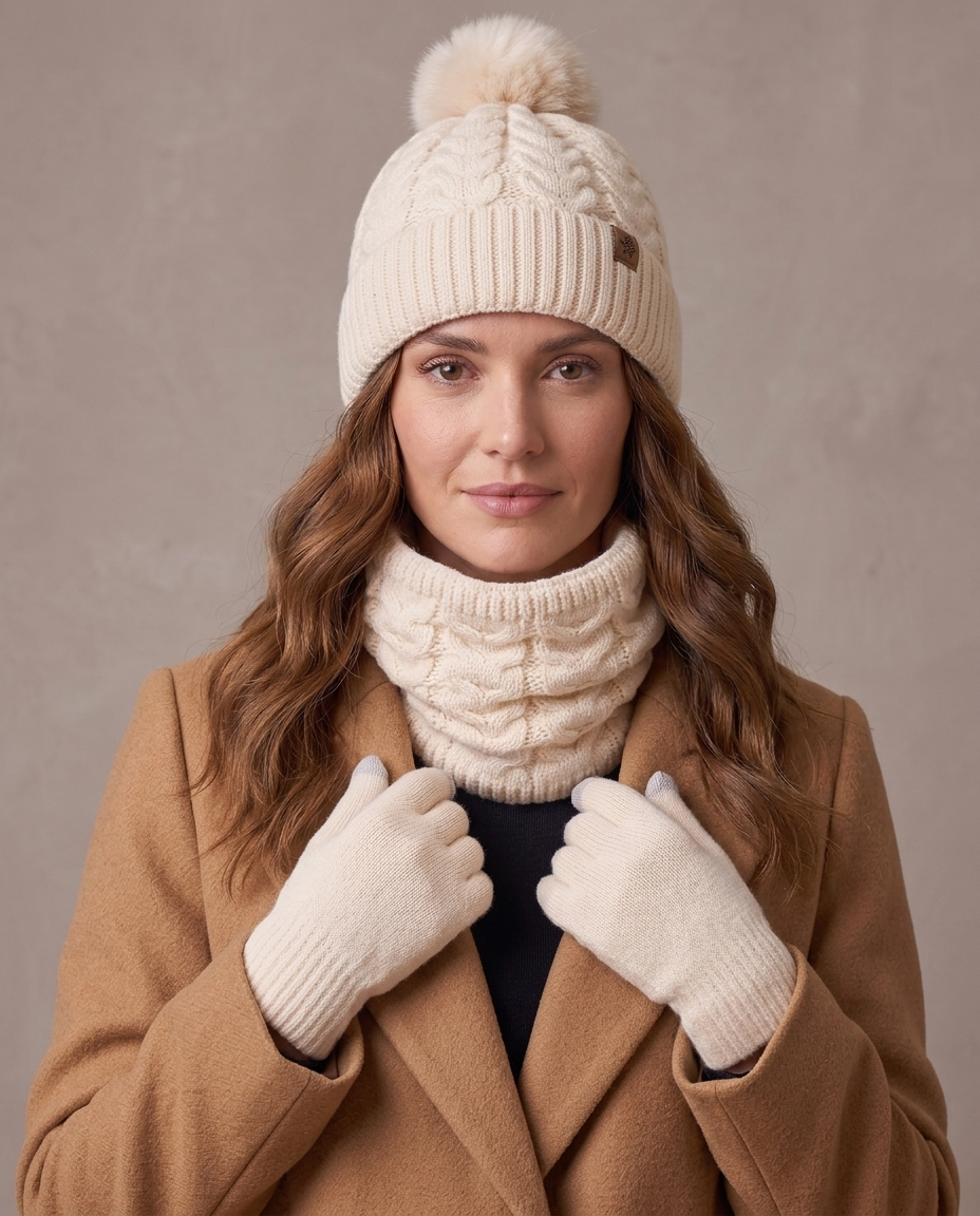 Set de invierno gorro, cuello y guantes Lía, detalle - Beige