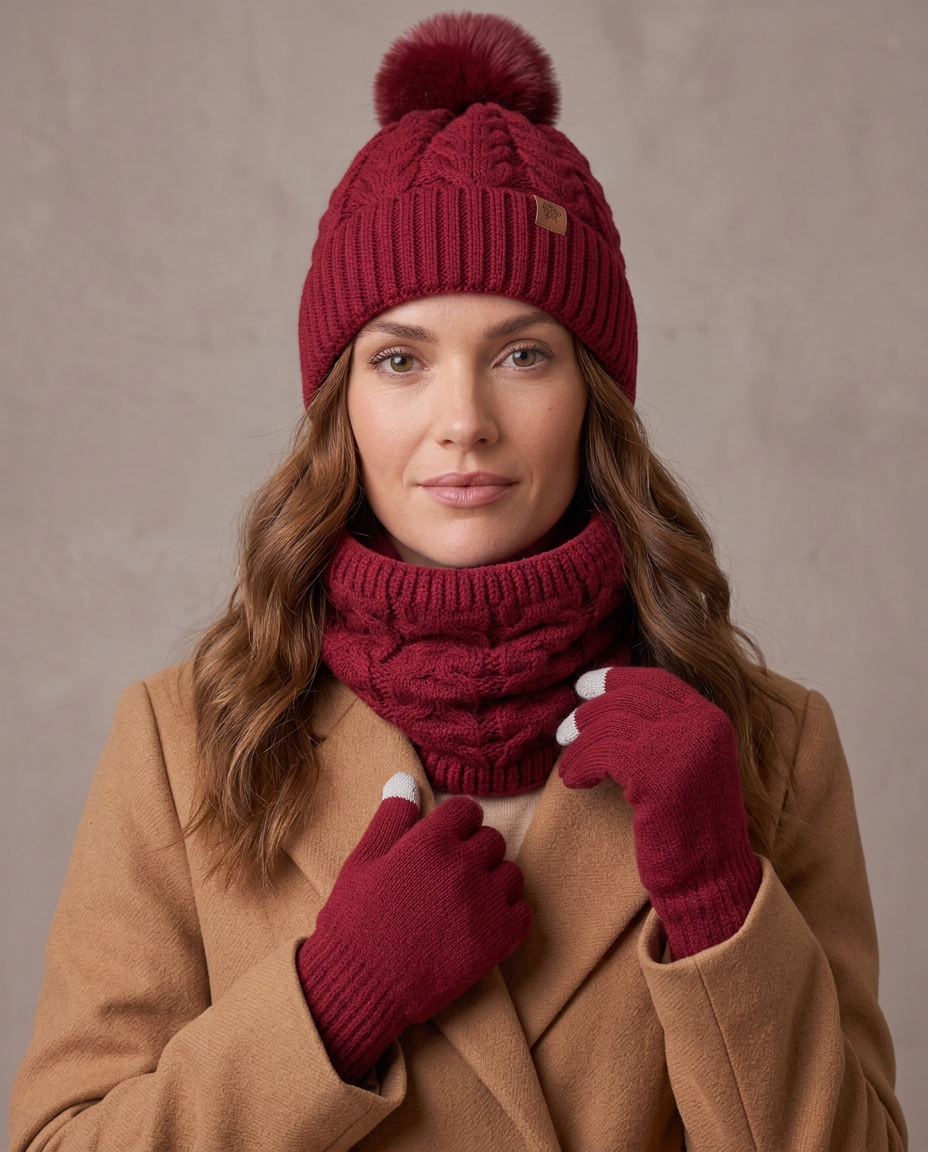 Set de invierno gorro, cuello y guantes Lía, detalle - Rojo