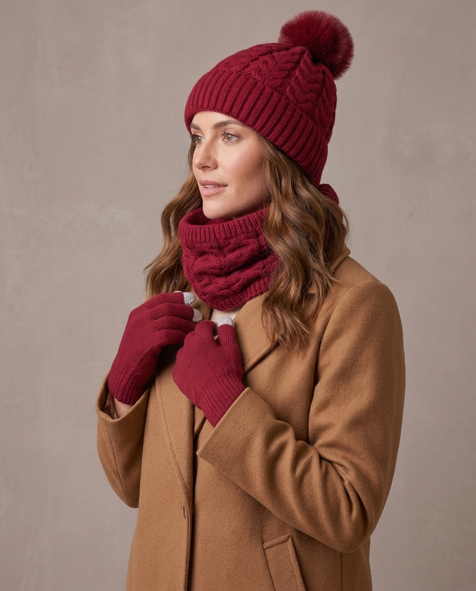 Set de invierno gorro, cuello y guantes Lía, vista de tres cuartos - Rojo