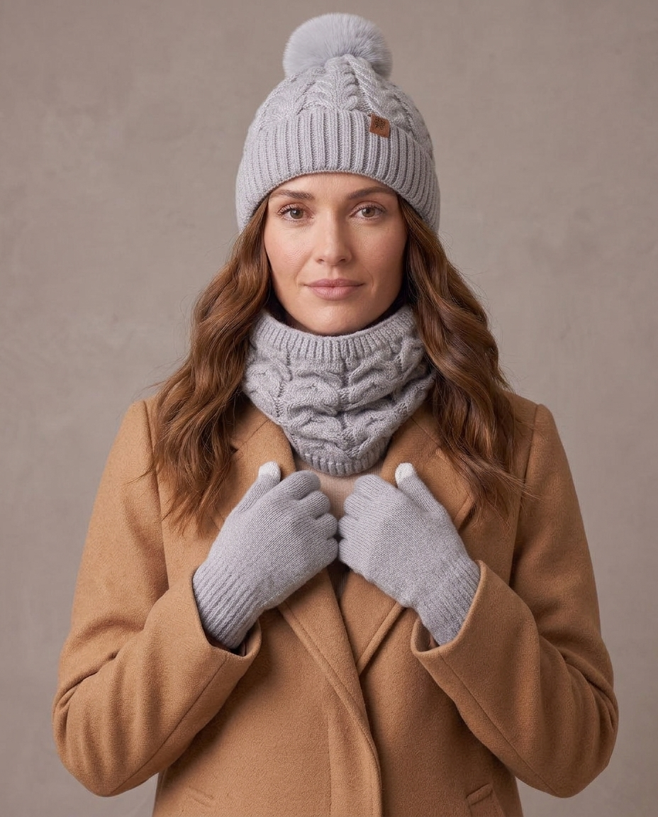 Set de invierno gorro, cuello y guantes Lía - Gris