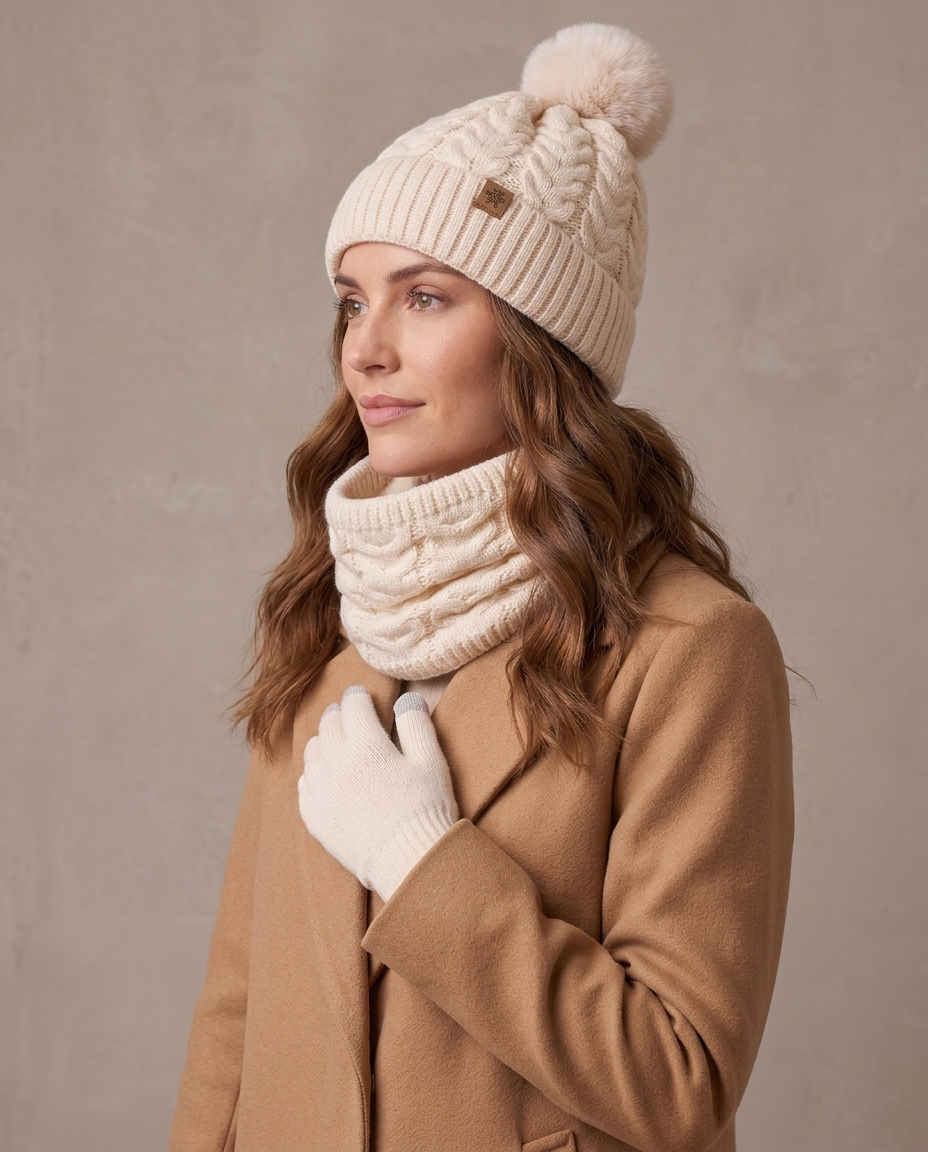 Set de invierno gorro, cuello y guantes Lía, vista de tres cuartos - Beige