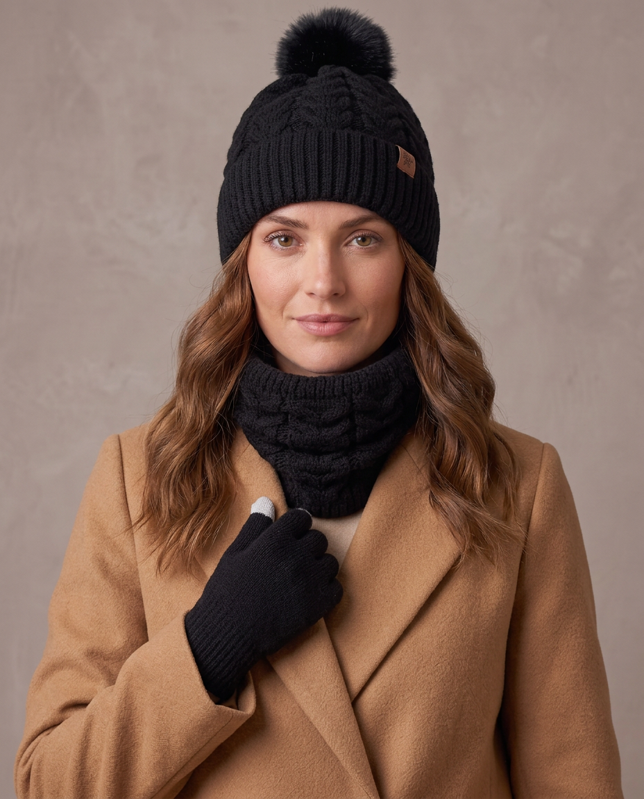 Set de invierno gorro, cuello y guantes Lía, detalle - Negro