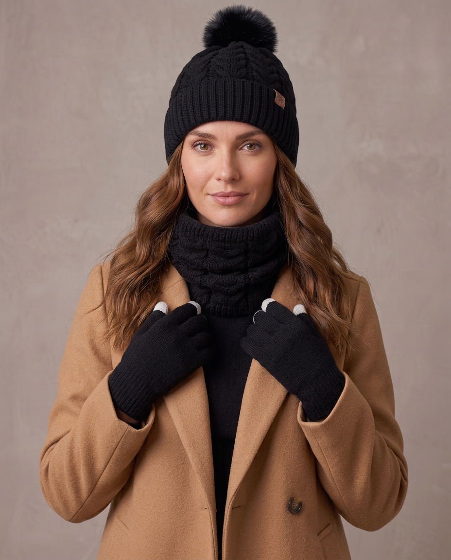 Set de invierno gorro, cuello y guantes Lía - Negro