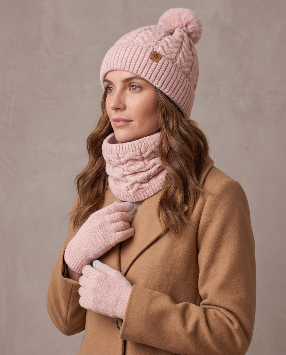 Set de invierno gorro, cuello y guantes Lía, vista de tres cuartos - Rosa