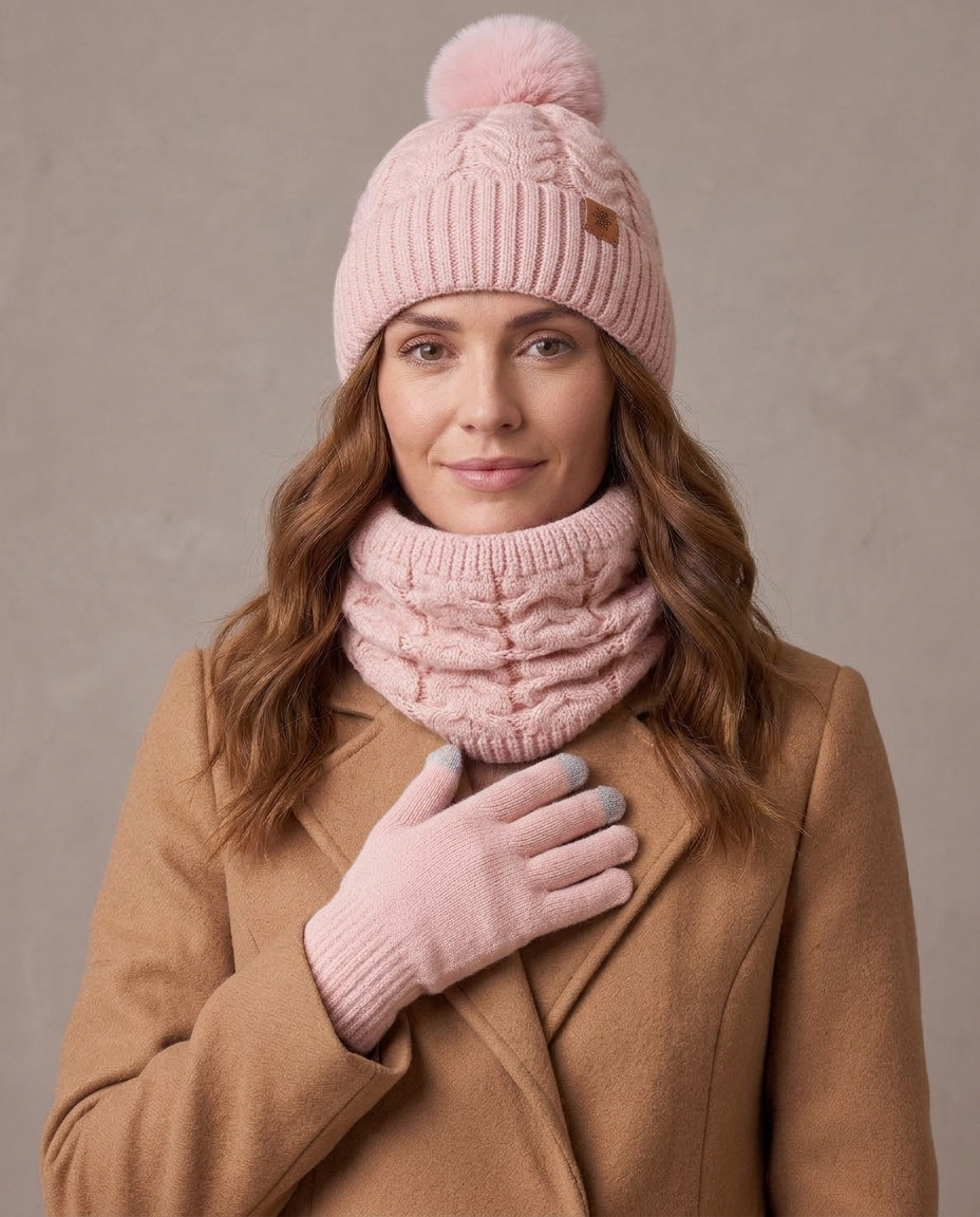Set de invierno gorro, cuello y guantes Lía, detalle - Rosa