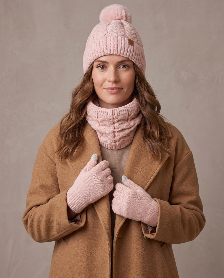 Set de invierno gorro, cuello y guantes Lía - Rosa